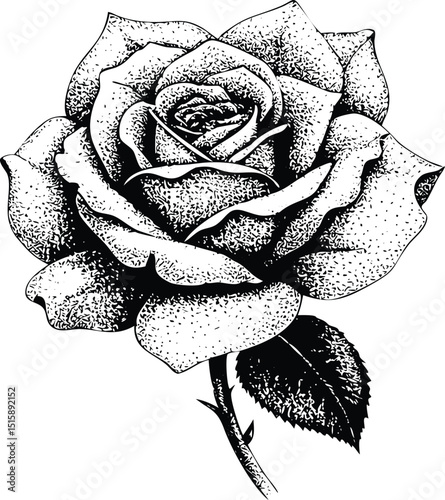 A black and white stipple illustration of a blooming rose with two leaves. The image is created entirely with fine dots, giving it a textured, realistic, and tattoo-like appearance.