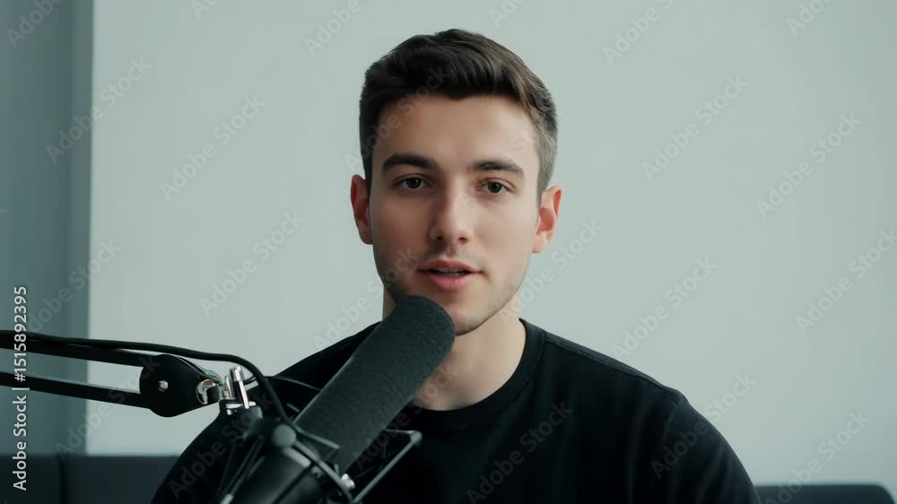 Engaging podcast host speaking into microphone in modern studio setting