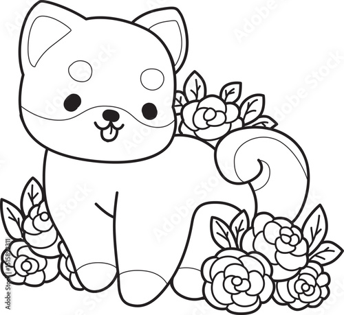  Outline of happy doggy shiba inu activities illustrations.