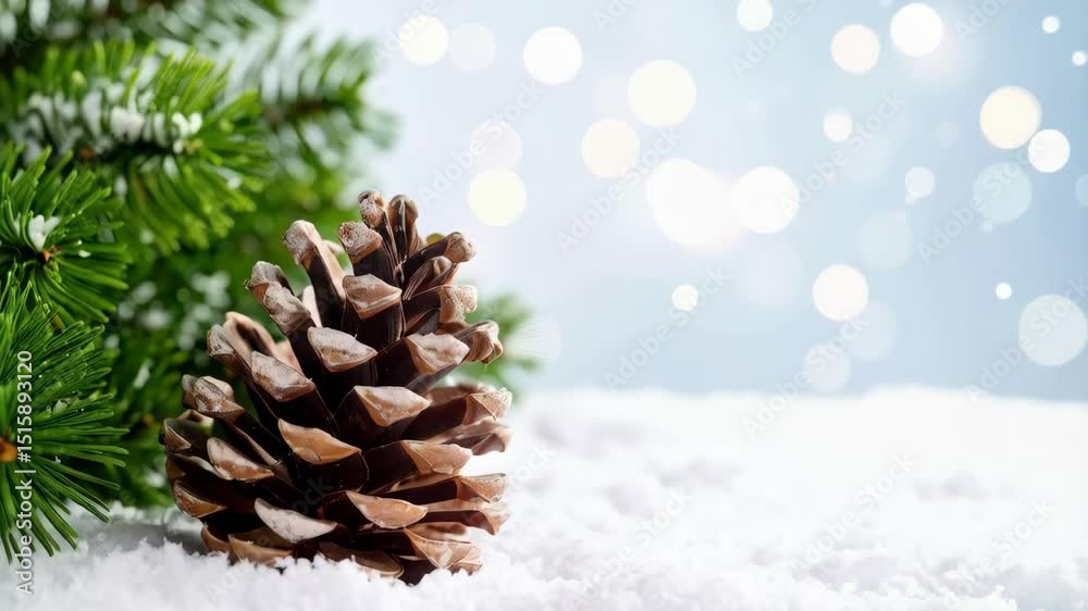 Festive pine cone and fir branch in snowy winter setting with blurred bokeh background for holiday theme