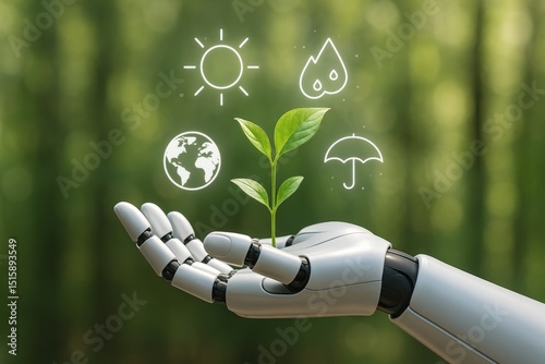 Robotic hand protecting growing plant earth icons