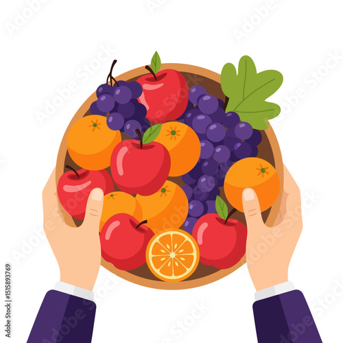 Holding Fruit Bowl with Apples Oranges and Grapes Fresh Harvest