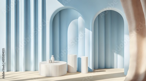 Light-blue interior scene with architectural arches and display podiums.