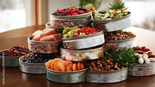Assorted healthy food in stacked metal containers, showcasing a variety of fruits, vegetables, nuts, seeds, and fish photo