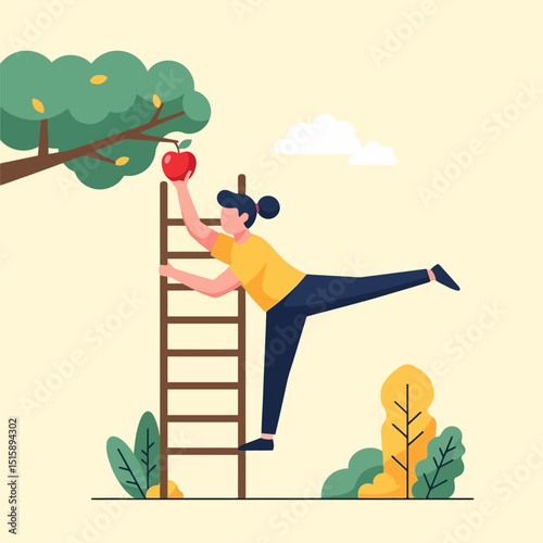 Woman Climbing Ladder Reaching for Apple on Tree in Flat Design