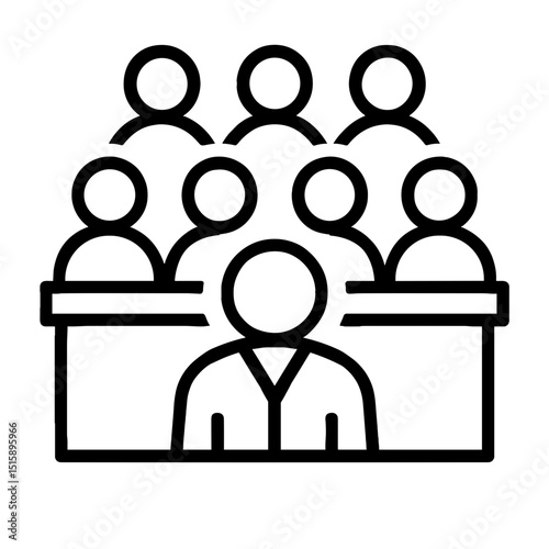 Courtroom jury icon with panel of jurors and defendant illustration