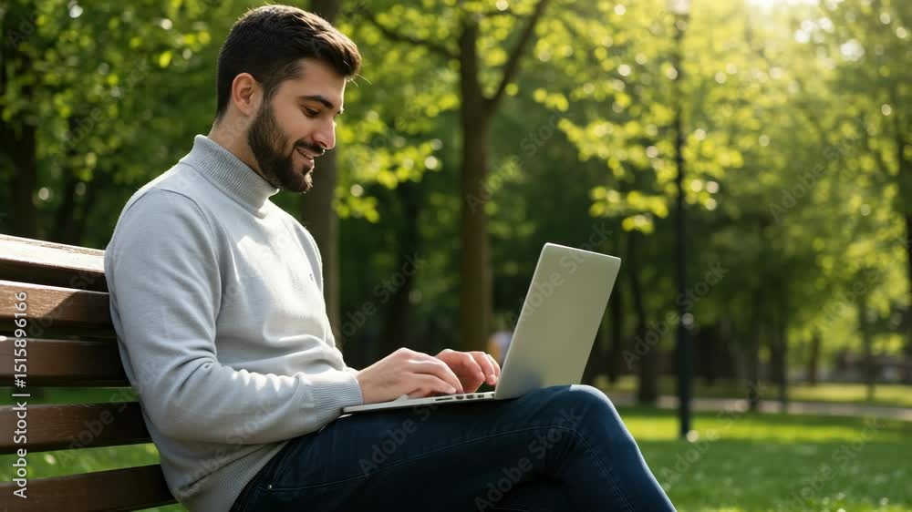 Young man typing on laptop while sitting on bench in park Young man typing on laptop while sitting on bench in park