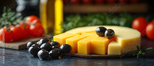 A plate of cheese and olives on a table photo