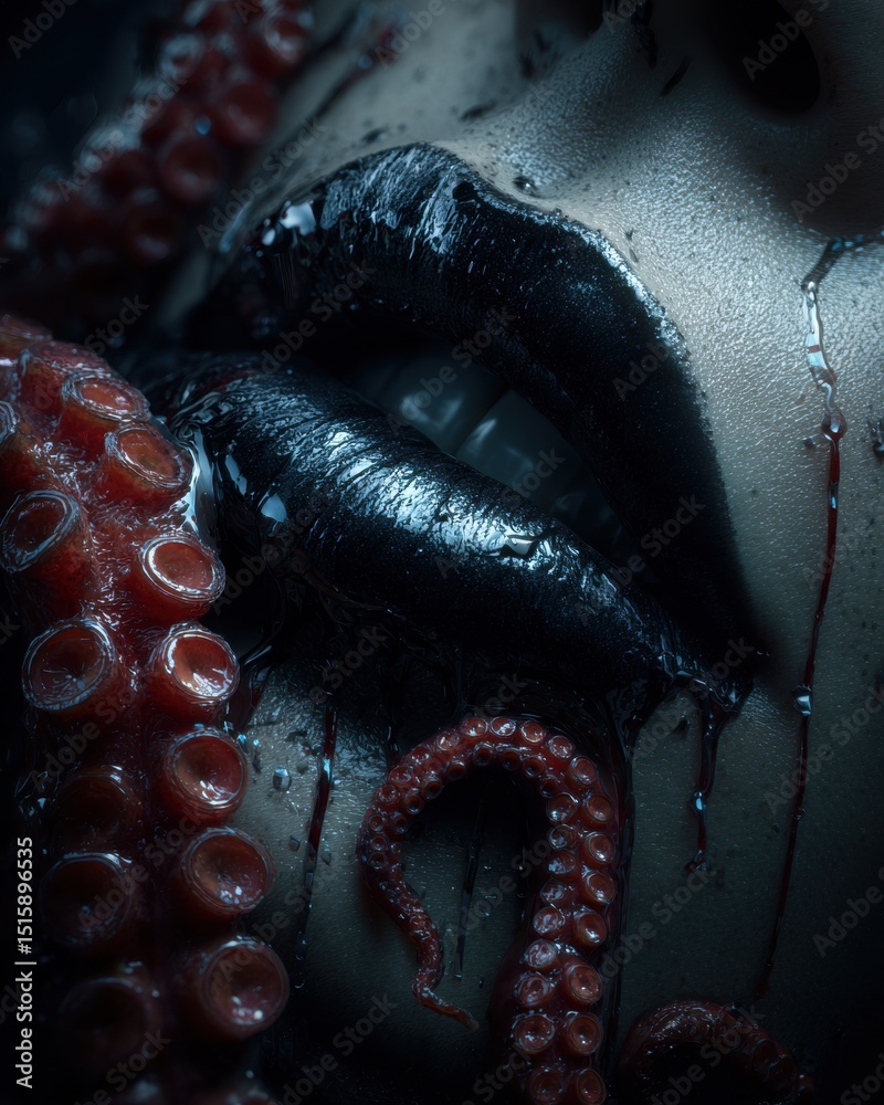Obraz premium Tentacles emerging from mouth in dark surreal scene 