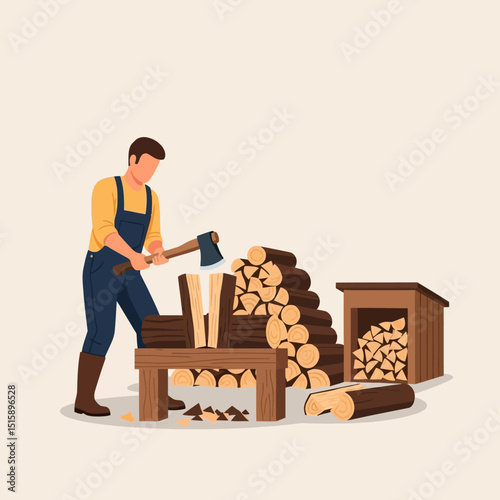 Person Chopping Wood with Axe and Storing Firewood in Shed
