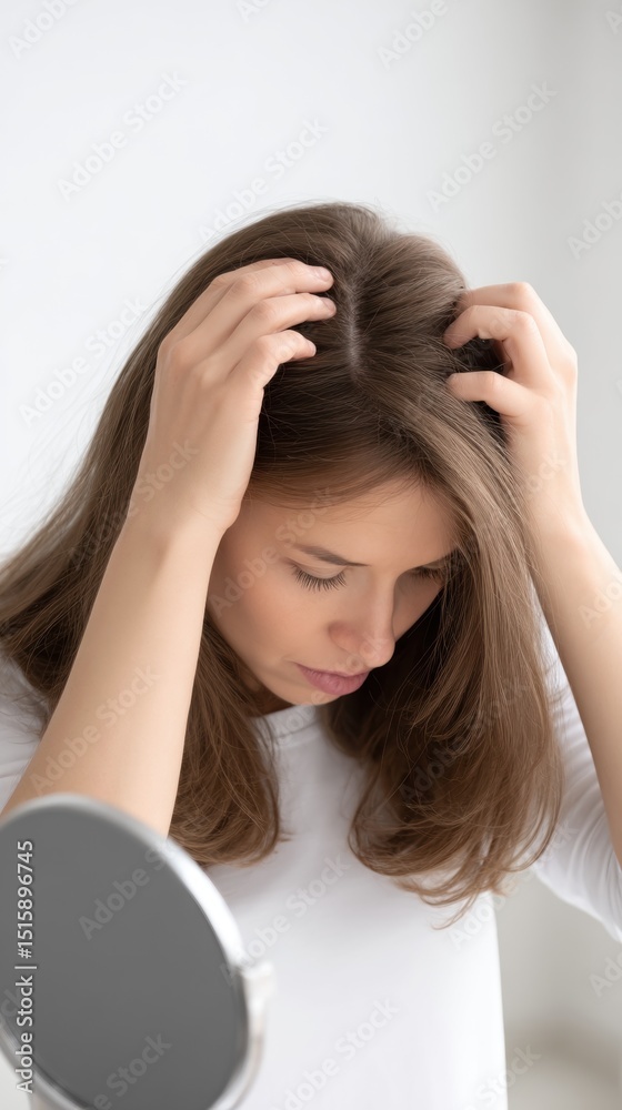 Fototapeta premium Woman inspecting scalp in mirror 