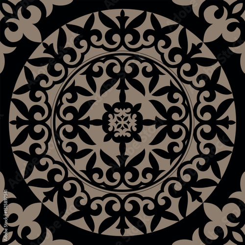 Luxury golden blue Oriental seamless square pattern with decorative circular damask ornament, arabesque, floral elements in oriental retro style. Square tile. For ceramic, porcelain, embroidery, laser