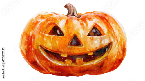 Halloween Pumpkin Watercolor JackoLantern with Spooky Smile.
