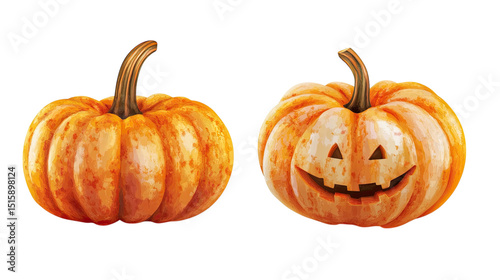 Halloween Pumpkins Carved Jack OLantern and Uncarved Squash on Black.