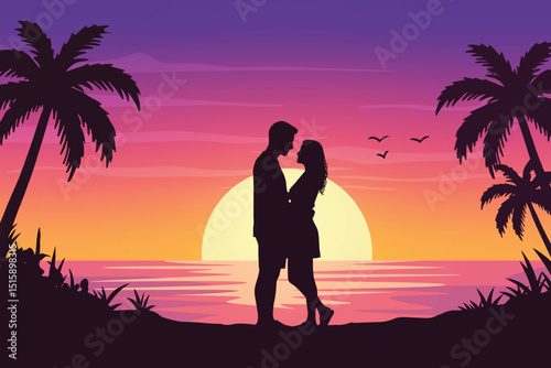 Romantic Silhouette of a Couple Embracing on a Tropical Beach at Sunset. Palm Trees, Gentle Ocean Waves, and a Glowing Setting Sun on a Vibrant Horizon. Love and Nature Landscape Illustration.