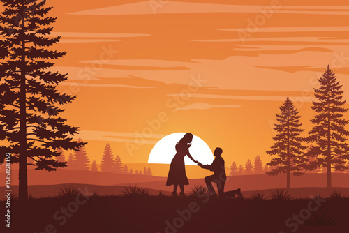 Romantic Silhouette of a Marriage Proposal at Sunset. Vibrant Pine Trees and a Glowing Setting Sun on the Horizon. Love and Nature Background Illustration.