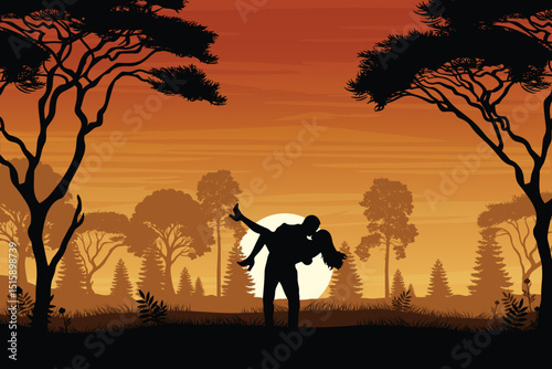 Romantic Silhouette of a Couple in a Loving Embrace at Sunset. Glowing Orange Sky, Vibrant Trees, and a Setting Sun on the Mountain Horizon. Love and Nature Background Illustration.