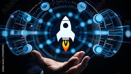 Technological background and rocket flying upwards from hand, business is bright vector.