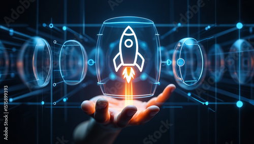 Technological background and rocket flying upwards from hand, business is bright vector.