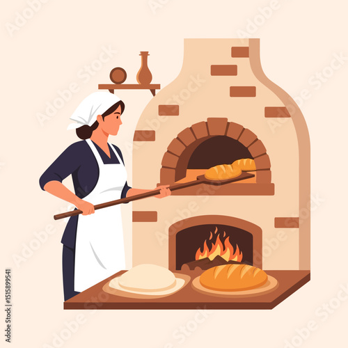 Woman Baking Bread in Traditional Brick Oven with Fire