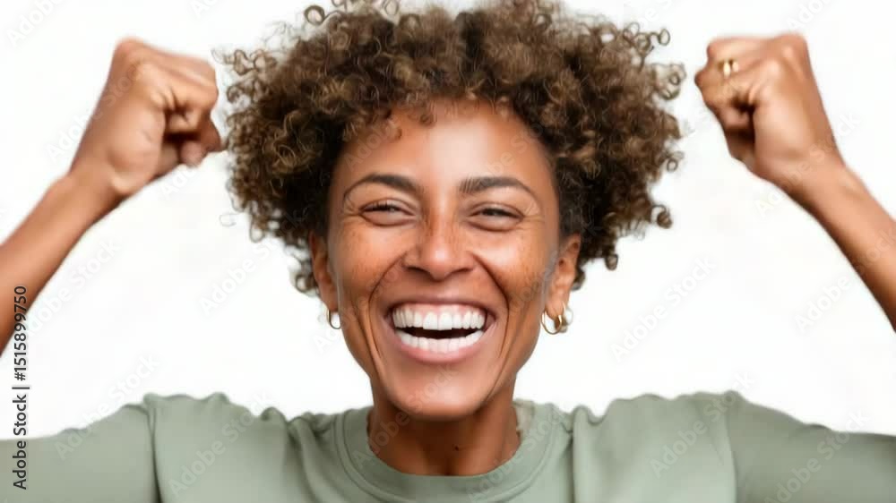 Woman with curly hair is smiling and raising her hands in the air. She looks happy and excited