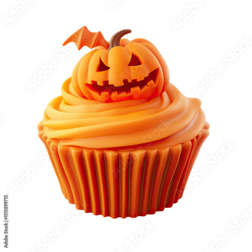 Halloween Treat Pumpkin Cupcake isolated on black background.