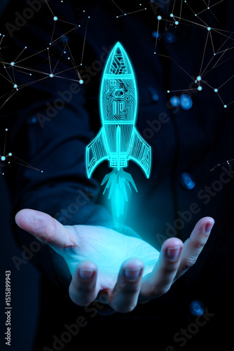 Technological background and rocket flying upwards from hand, business is bright vector.