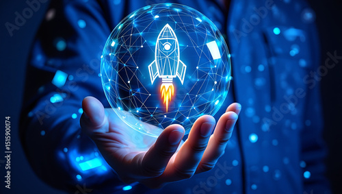 Technological background and rocket flying upwards from hand, business is bright vector.