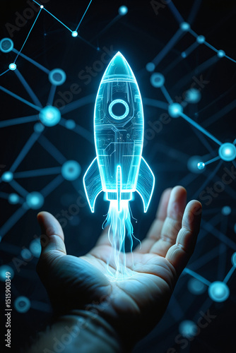 Technological background and rocket flying upwards from hand, business is bright vector.