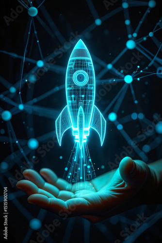 Technological background and rocket flying upwards from hand, business is bright vector.
