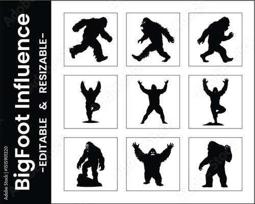 Bigfoot Silhouette Vector Collection With Different Poses,Editable And Resizable For Cryptozoology,Mythology And Fantasy Projects