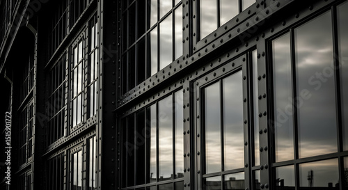 Reflections of Time Industrial Facade with Riveted Steel and Window Panes