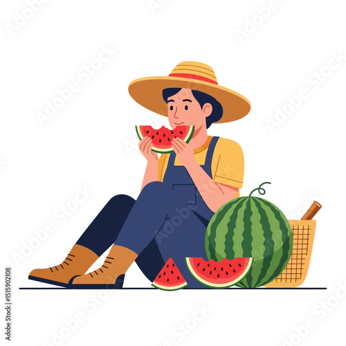 Person Eating Watermelon Slice Wearing Hat and Overalls Illustration