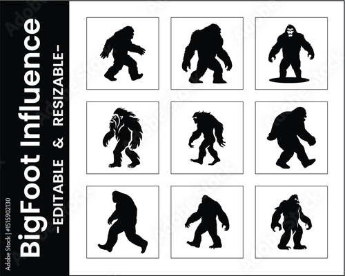 Sasquatch Silhouette Collection Black And White Set Featuring Cryptid Creatures And Mythical Legends With Different Bigfoot Poses