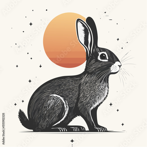 rabbit photographed from the side in black and white with sun in the background
