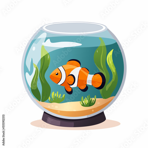 cute smile nemo fish in a round aquarium