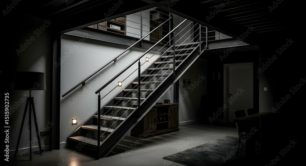 Obraz premium Modern Interior With Steel Staircase And Subdued Lighting Design Concept