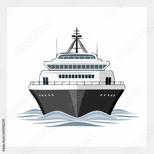 black and white image of ferry in the sea photographed from the back angle