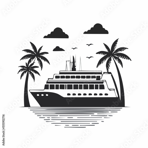 black and white image of ferry and coconut trees in the sea photographed from the back angle