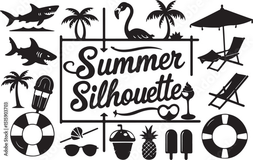 Summer Silhouettes Vector Icon Set - Beach and Holiday Elements