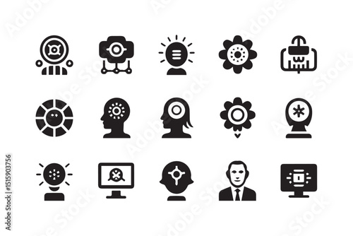 A collection of diverse icons representing various concepts related to ideas, innovation, technology, and human intellect