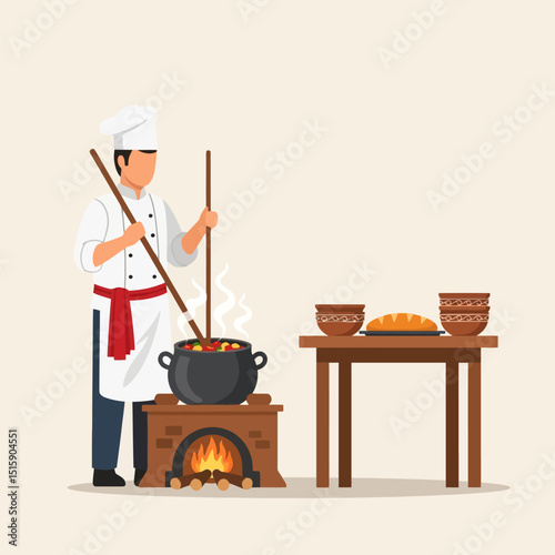Chef Cooking Food in a Pot on a Stove with Fire