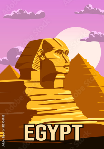 Vintage Poster Ancient Sphinx, Egypt Pharaoh Pyramids. Travel to Egypt Country, Sahara desert. Retro card illustration vector