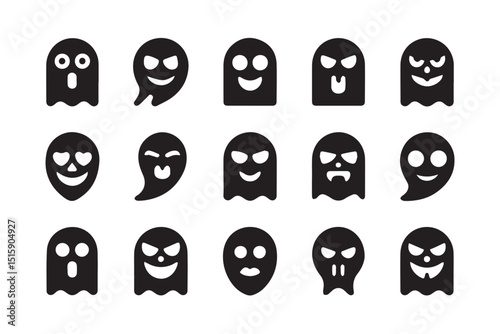 A collection of sixteen Halloween ghost icons with various expressions and moods