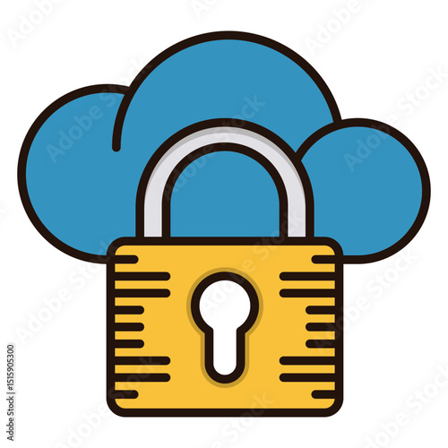 Secure cloud storage icon illustration featuring lock and blue cloud on transparent background