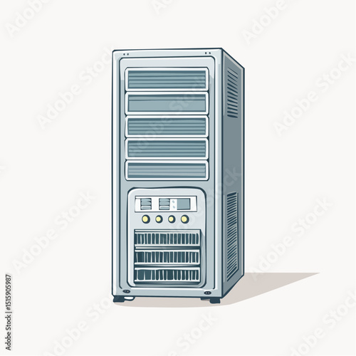 A retro desktop computer tower with vents and drive slots