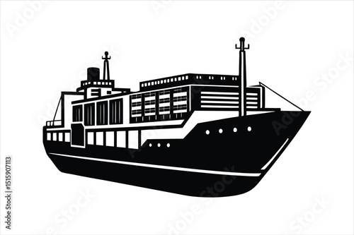 Marine Cargo Ship Silhouette Vector Art Isolated on White Background