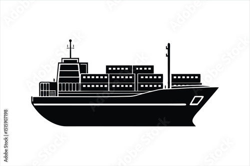 Maritime Cargo Vessel Black Silhouette Vector Isolated on White Background