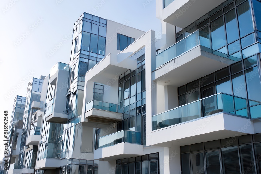 Exterior of a modern apartment building with a combination of white walls and glass elements.
