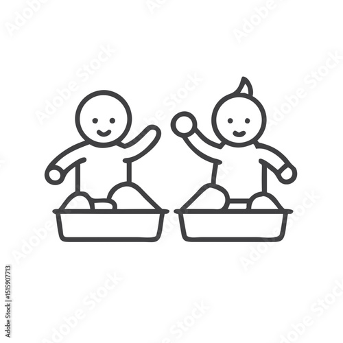 Babies playing in sandbox icon for childcare websites, parenting blogs, playground safety materials, nursery decorations and educational content